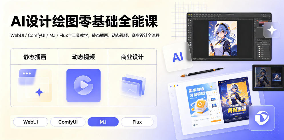 AI设计绘图零基础全能课｜WebUI/ComfyUI/MJ/Flux全工具教学，静态插画、动态视频、商业设计全流程-hcnxn