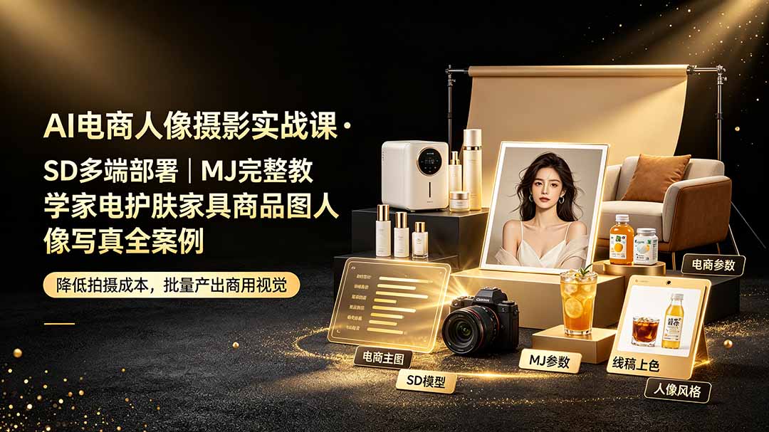 AI电商人像摄影实战课·SD多端部署｜MJ完整教学｜家电护肤家具商品图人像写真全案例-hcnxn