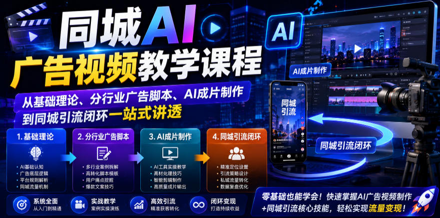 同城AI广告视频教学课程，从基础理论、分行业广告脚本、AI成片制作到同城引流闭环一站式讲透-hcnxn