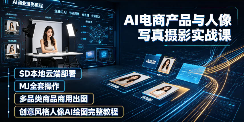AI电商产品与人像写真摄影实战课｜SD本地云端部署、MJ全套操作、多品类商品商用出图、创意风格人像AI绘图完整教程-hcnxn