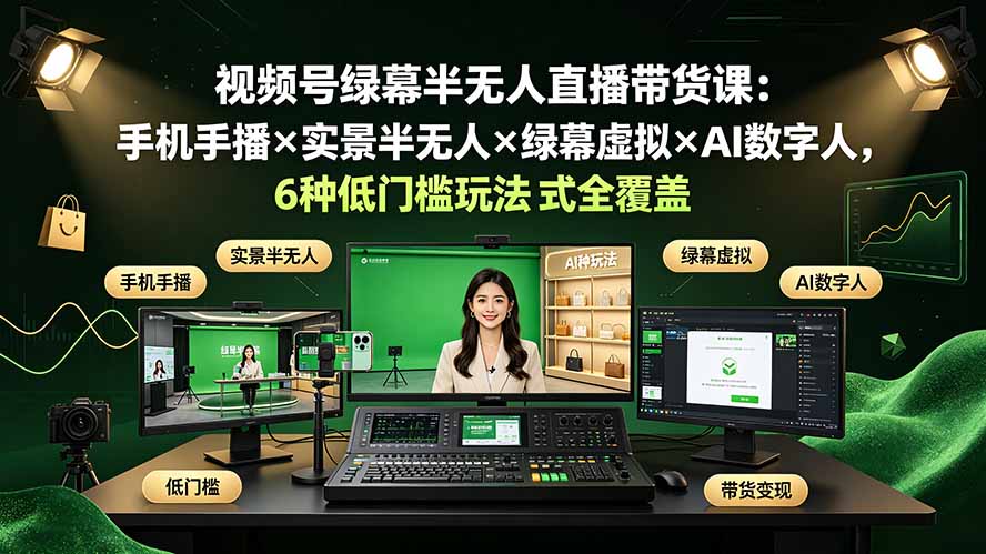 视频号绿幕半无人直播带货课：手机手播×实景半无人×绿幕虚拟×AI数字人，6种低门槛玩法全覆盖-hcnxn