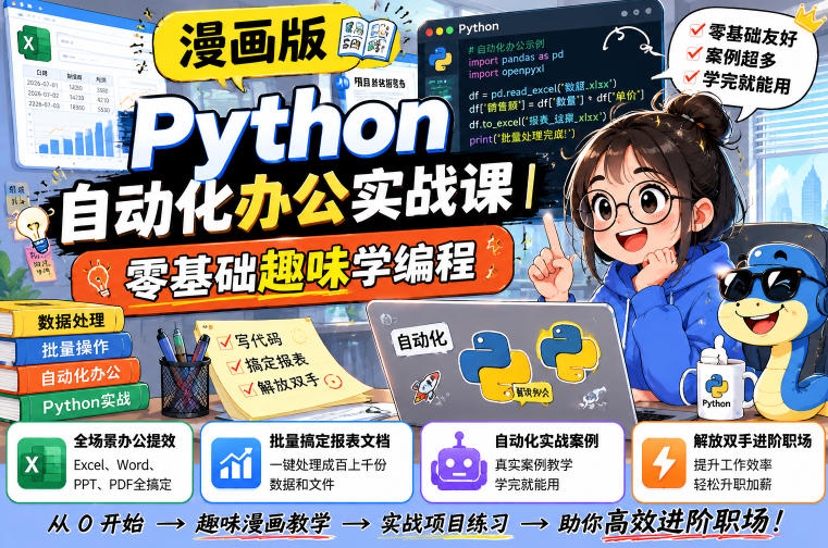 漫画版Python自动化办公实战课｜零基础趣味学编程，全场景办公提效、批量搞定报表文档、解放双手进阶职场-hcnxn