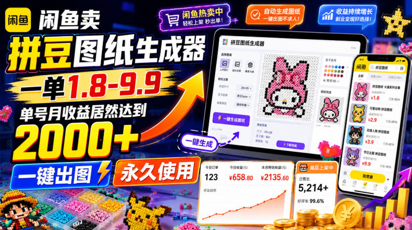 闲鱼卖拼豆图纸生成器，一单1.8-9.9，单号月收益居然达到2000+一键出图永久使用-hcnxn