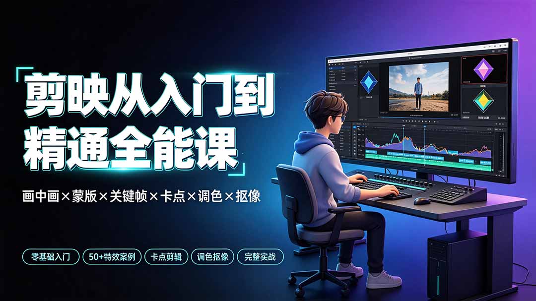 剪映从入门到精通全能课：画中画×蒙版×关键帧×卡点×调色×抠像，一站式掌握剪辑核心技能-hcnxn