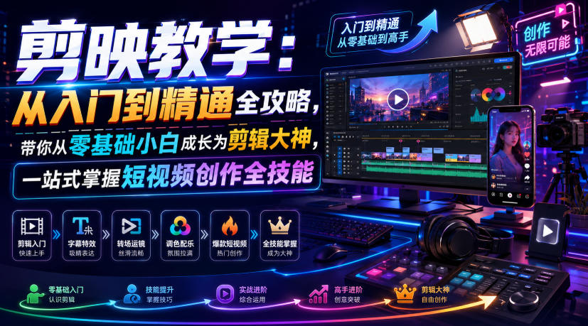 剪映教学：从入门到精通全攻略，带你从零基础小白成长为剪辑大神，一站式掌握短视频创作全技能-hcnxn