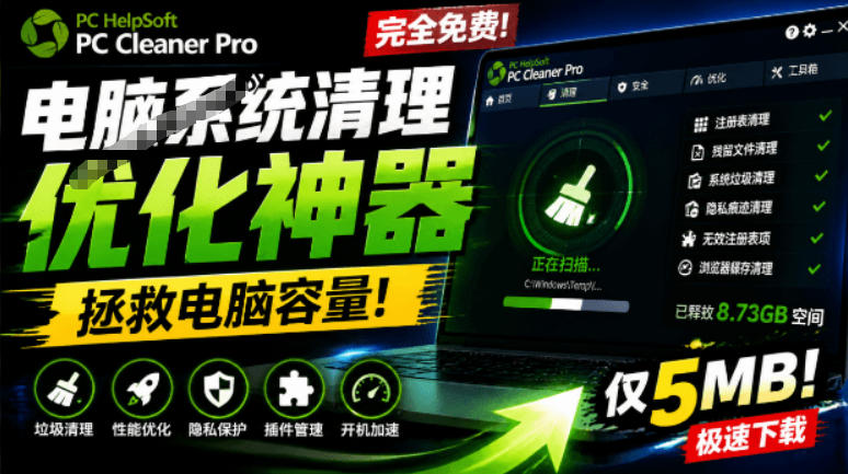 轻松吊打Win系统自带工具！电脑清理神器，拯救电脑容量，仅5MB，完全免费使用PC Cleaner Pro-hcnxn