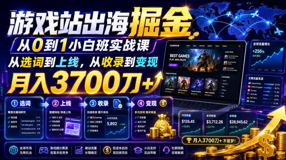 游戏站出海掘金从0到1小白实战课，从选词到上线，从收录到变现，月入3700刀+-hcnxn