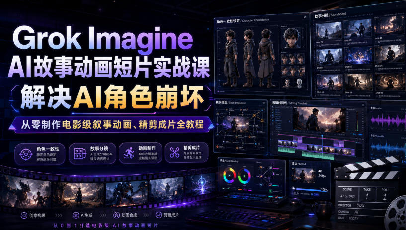 Grok Imagine AI故事动画短片实战课｜解决AI角色崩坏，从零制作电影级叙事动画、精剪成片全教程(中英字幕)-hcnxn