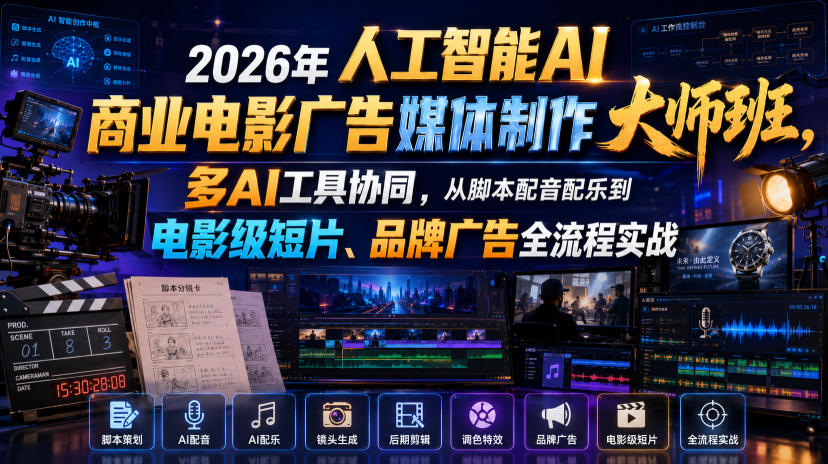 2026年人工智能AI商业电影广告媒体制作大师班，多AI工具协同，从脚本配音配乐到电影级短片、品牌广告全流程实战(中英字幕)-hcnxn