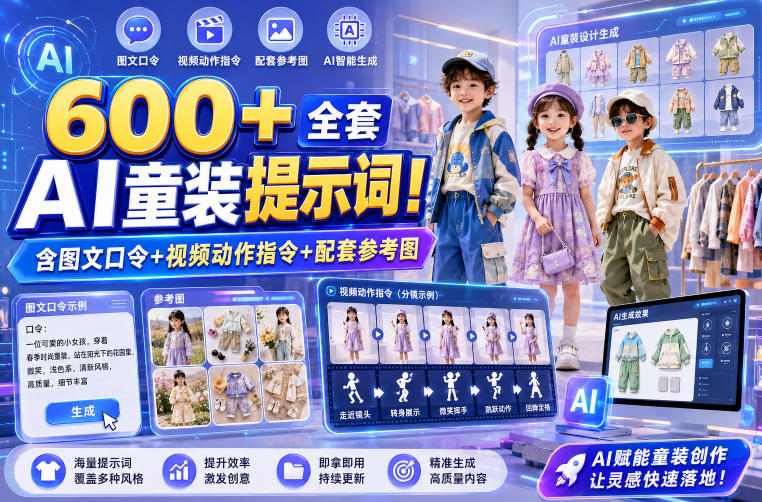 600+全套AI童装提示词！含图文口令+视频动作指令+配套参考图，Word-Excel规整分类，童装电商、种草无脑量产内容！-hcnxn