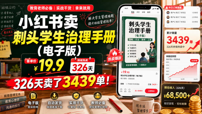 小红书卖刺头学生治理手册(电子版)，客单价19.9，326天卖了3439单！-hcnxn