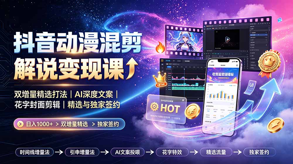 抖音动漫混剪解说变现课：双增量精选打法｜AI深度文案｜花字封面剪辑｜ 精选与独家签约日入1000+-hcnxn