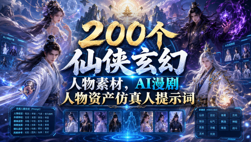 200个仙侠玄幻人物素材，AI漫剧人物资产仿真人提示词-hcnxn