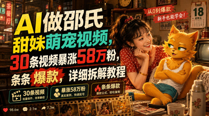 AI做邵氏甜妹萌宠视频，30条视频暴涨58万粉，条条爆款，详细拆解教程-hcnxn