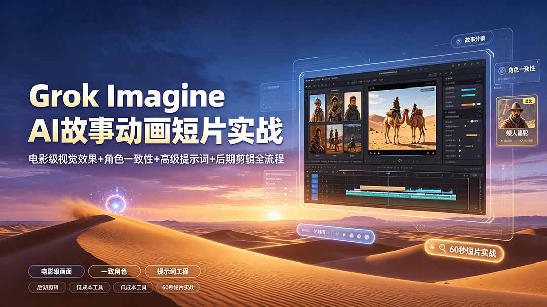 Grok Imagine AI故事动画短片实战：电影级视觉效果+角色一致性+高级提示词+后期剪辑全流程-hcnxn