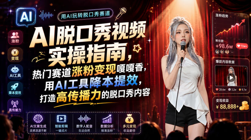 AI脱口秀视频实操指南，热门赛道涨粉变现嘎嘎香，用AI工具降本提效，打造高传播力的脱口秀内容-hcnxn