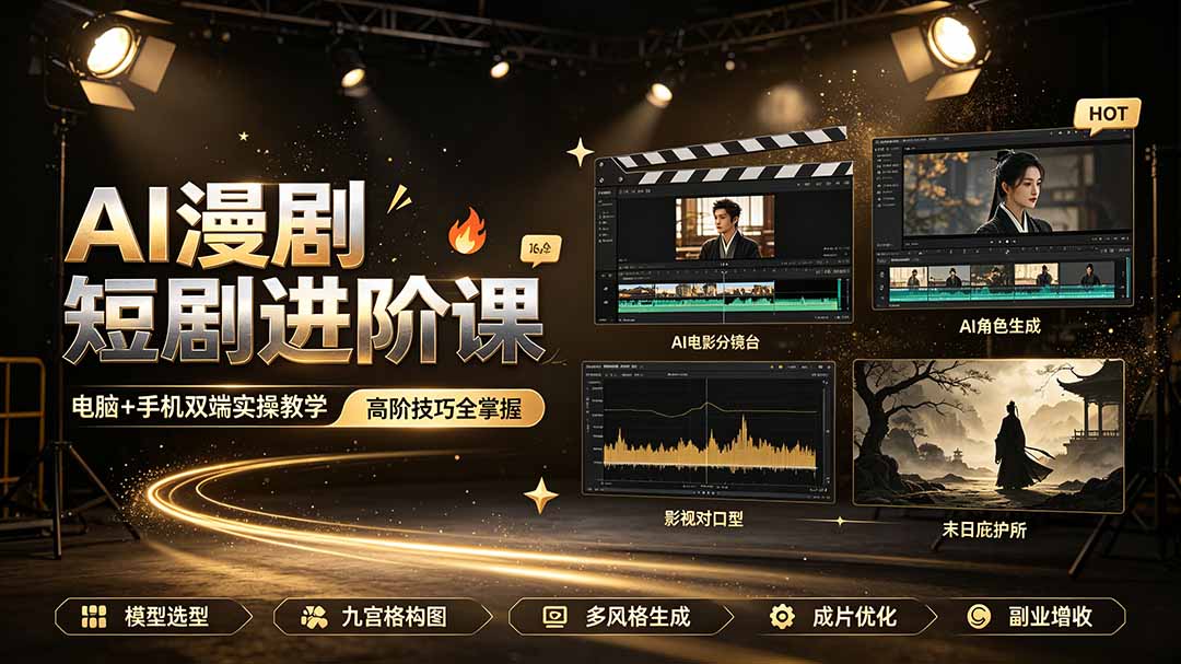 AI漫剧短剧进阶课｜电脑+手机双端实操教学｜影视剧对口型人物吃瓜×解压末日庇护所全程讲解，高阶技巧全掌握-hcnxn