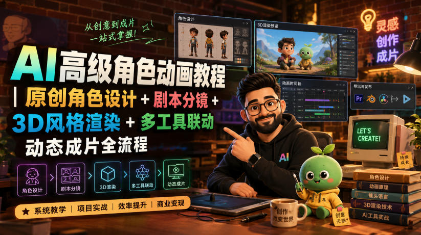 AI高级角色动画教程｜原创角色设计+剧本分镜+3D风格渲染+多工具联动动态成片全流程【中英字幕】-hcnxn