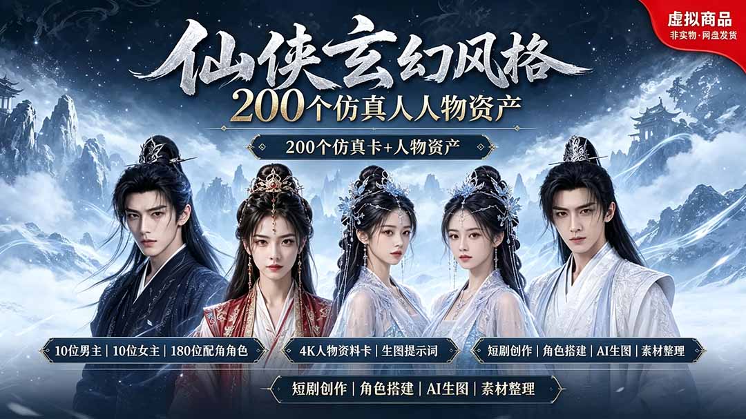 200个仙侠玄幻仿真人素材◆10男主×10女主×180配角，4K资料卡+AI生图提示词，漫剧必备-hcnxn