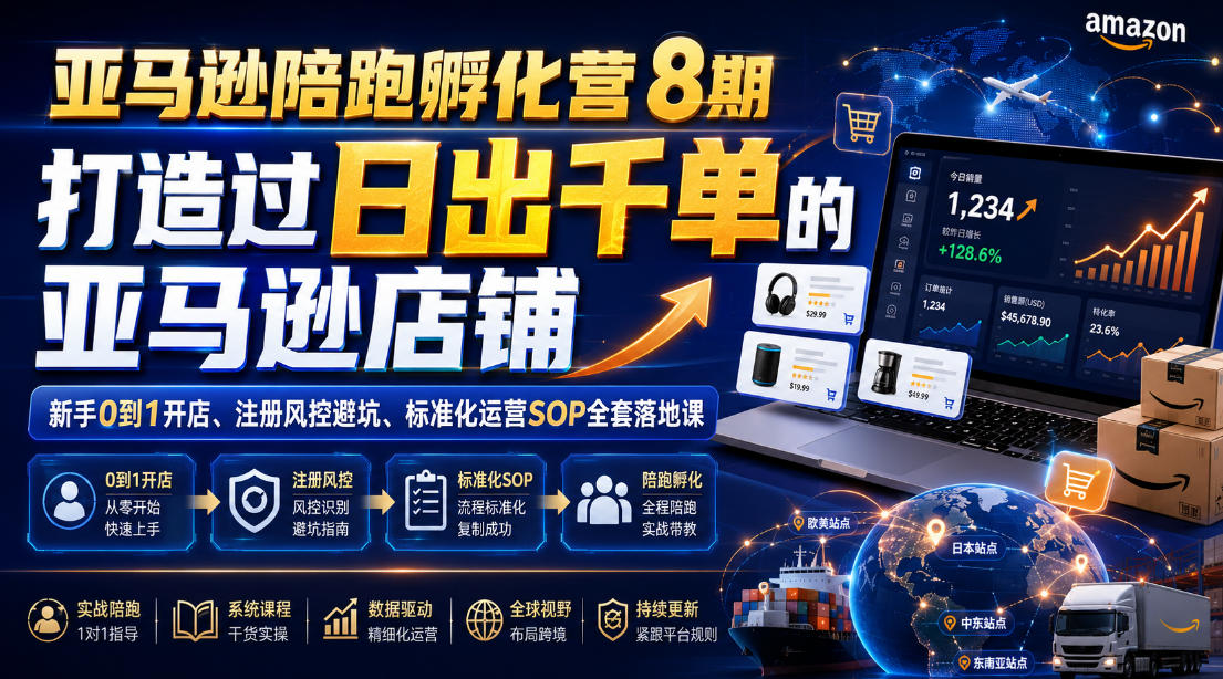 亚马逊陪跑孵化营8期，打造过日出千单的亚马逊店铺，新手0到1开店、注册风控避坑、标准化运营SOP全套落地课-hcnxn