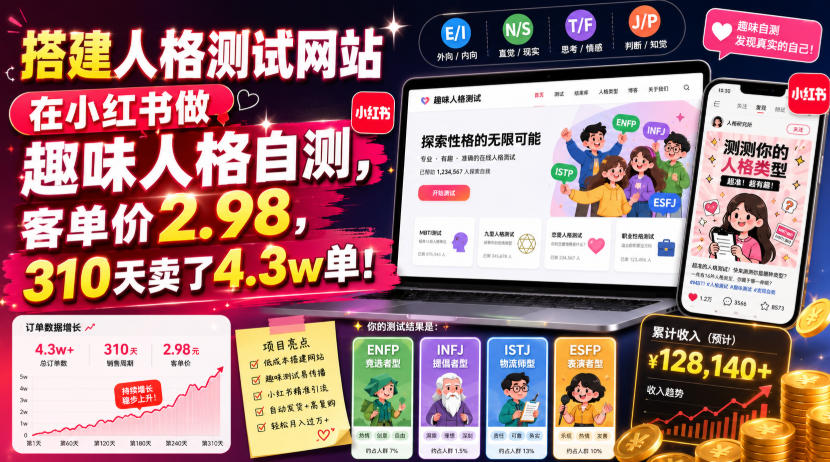 搭建人格测试网站在小红书做趣味人格自测，客单价2.98，310天卖了4.3w单！-hcnxn