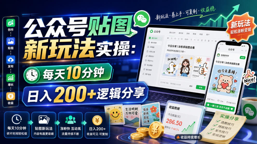 公众号贴图新玩法实操，每天10分钟，日入200+逻辑分享-hcnxn