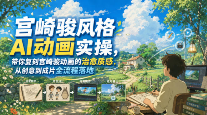宫崎骏风格AI动画实操，带你复刻宫崎骏动画的治愈质感，从创意到成片全流程落地-hcnxn