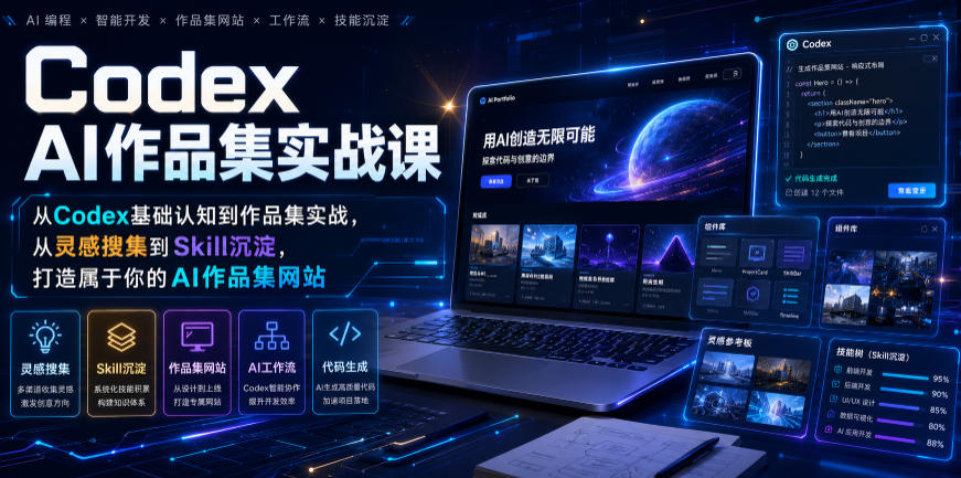 Codex AI作品集实战课，从Codex基础认知到作品集实战，从灵感搜集到Skill沉淀，打造属于你的AI作品集网站-hcnxn
