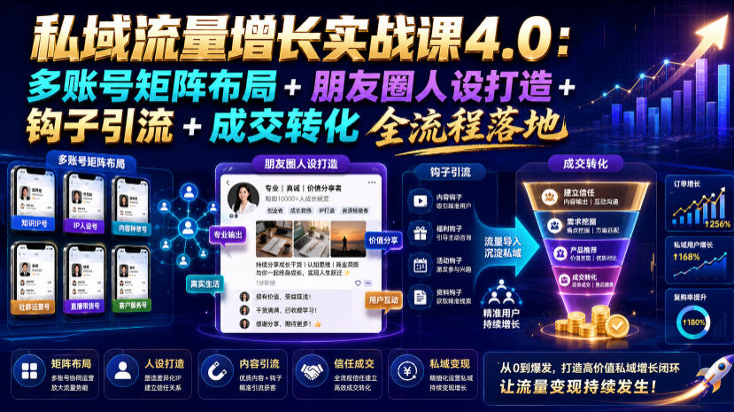 私域流量增长实战课4.0：多账号矩阵布局+朋友圈人设打造+钩子引流+成交转化全流程落地-hcnxn