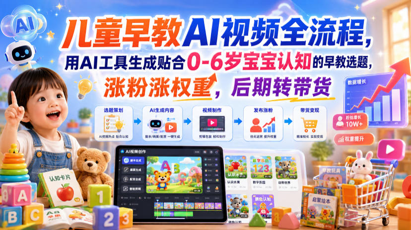 儿童早教AI视频全流程，用AI工具生成贴合0-6岁宝宝认知的早教选题，涨粉涨权重，后期转带货-hcnxn