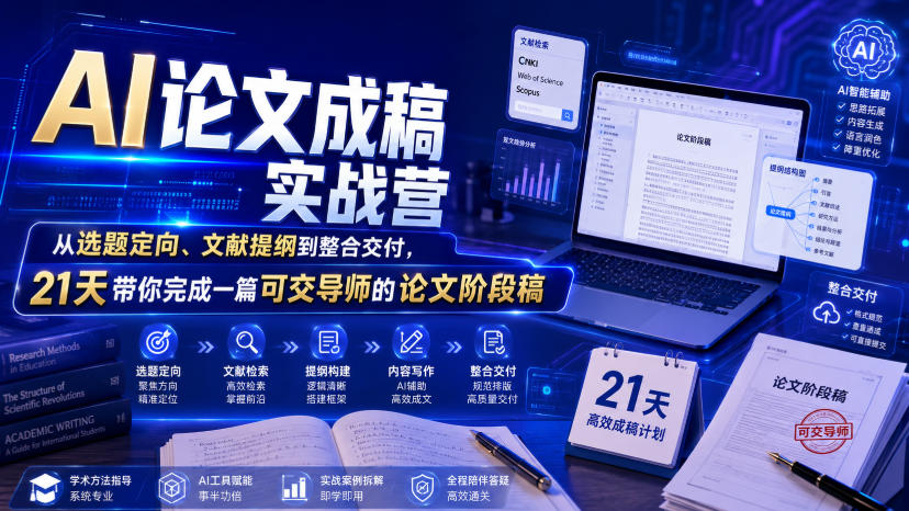 AI论文成稿实战营，从选题定向、文献提纲到整合交付，21天带你完成一篇可交导师的论文阶段稿-hcnxn