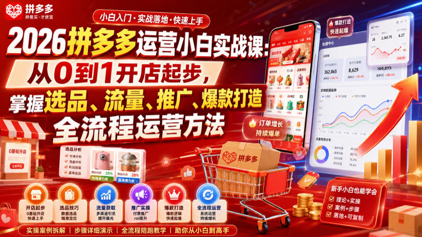 2026拼多多运营小白实战课：从0到1开店起步，掌握选品、流量、推广、爆款打造全流程运营方法-hcnxn