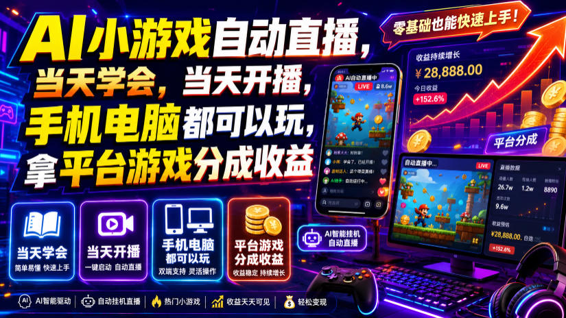 AI小游戏自动直播，当天学会，当天开播，手机电脑都可以玩，拿平台游戏分成收益-hcnxn
