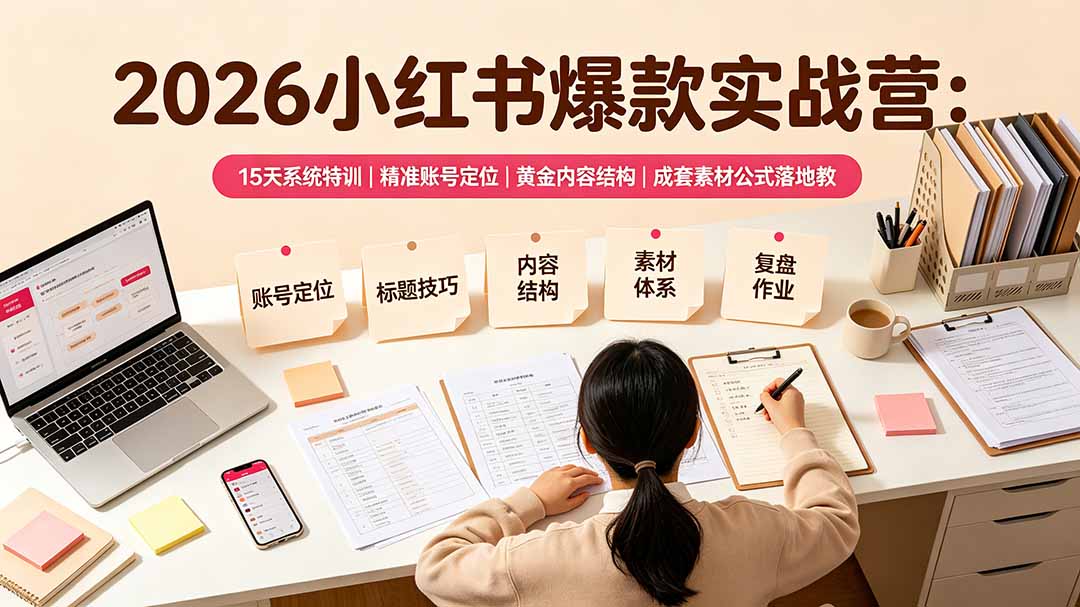2026小红书爆款实战营：15天系统特训｜精准账号定位｜黄金内容结构｜成套素材公式落地教程-hcnxn