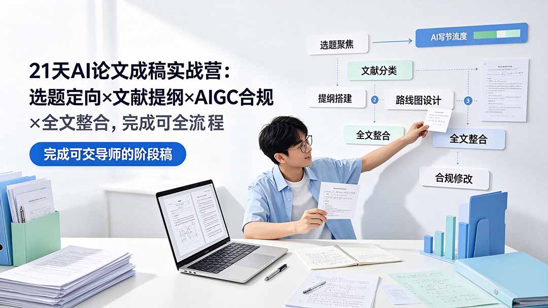 21天AI论文成稿实战营：选题定向×文献提纲×AIGC合规×全文整合，完成可交导师的阶段稿-hcnxn
