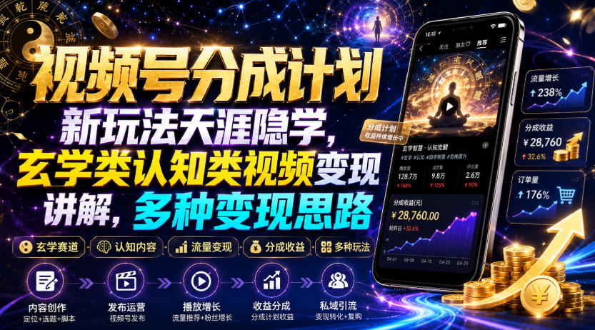 视频号分成计划新玩法天涯隐学，玄学类认知类视频变现讲解，多种变现思路-hcnxn