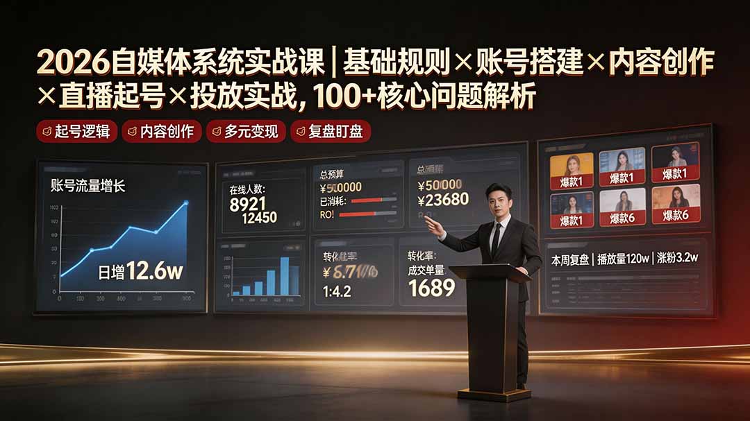 2026自媒体系统实战课｜基础规则×账号搭建×内容创作×直播起号×投放实战，100+核心问题解析-hcnxn