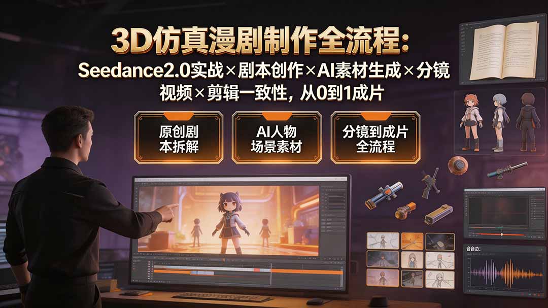 3D仿真漫剧制作全流程：Seedance2.0实战×剧本创作×AI素材生成×分镜视频×剪辑一致性，从0到1成片-hcnxn