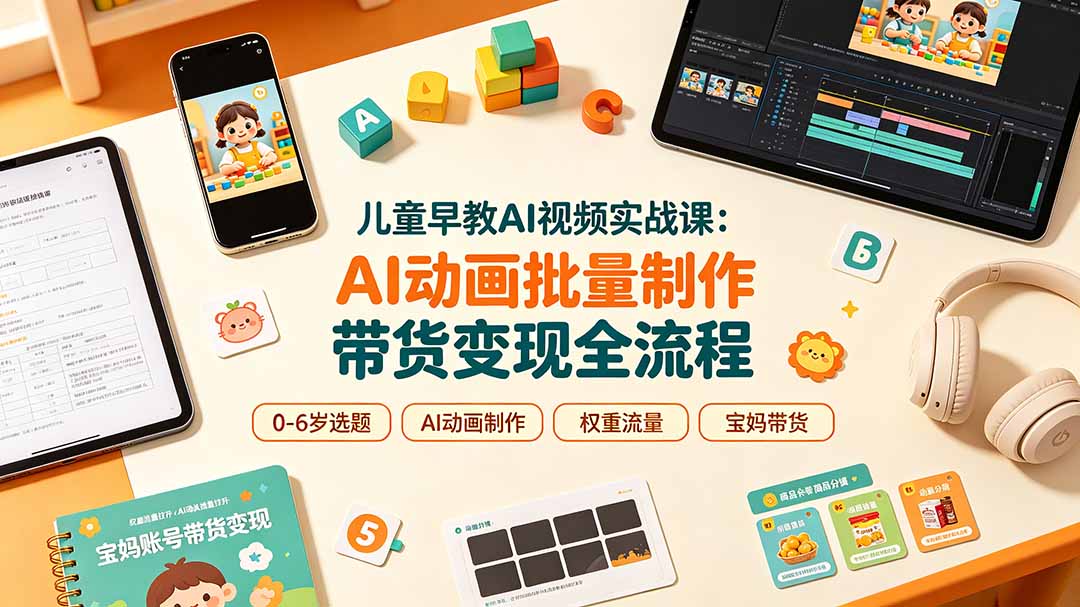 儿童早教AI视频实战课：0-6岁认知选题｜AI动画批量制作｜权重流量拉升｜宝妈账号带货变现全流程-hcnxn