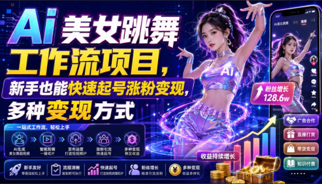 Ai美女跳舞工作流项目，新手也能快速起号涨粉变现，多种变现方式-hcnxn