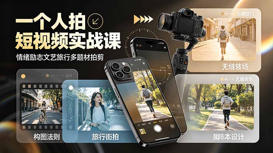 一个人拍短视频实战课：情绪励志文艺旅行多题材×五大景别×黄金构图×八大运镜，从拍摄到成片高效创作-hcnxn