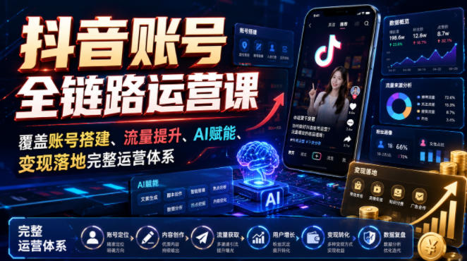 抖音账号全链路运营课，覆盖账号搭建、流量提升、AI赋能、变现落地完整运营体系-hcnxn