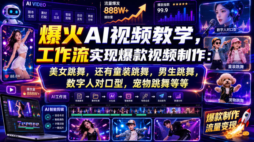 爆火AI视频教学，工作流实现爆款视频制作：美女跳舞，还有童装跳舞，男生跳舞，数字人对口型，宠物跳舞等等-hcnxn