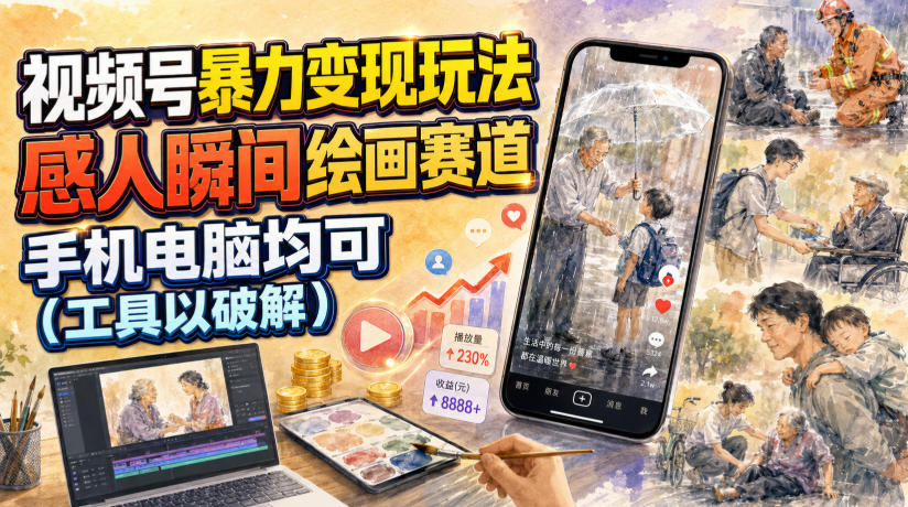 视频号暴力变现玩法，感人瞬间绘画赛道，手机电脑均可-hcnxn