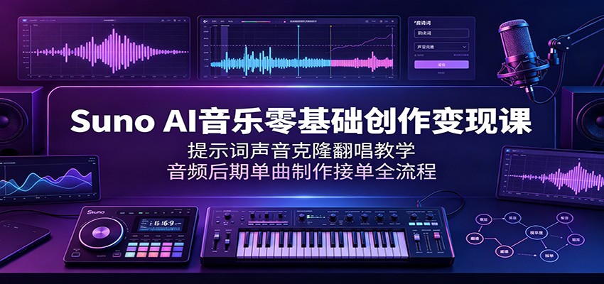 Suno AI音乐零基础创作变现课：提示词声音克隆翻唱教学，音频后期单曲制作接单全流程-hcnxn