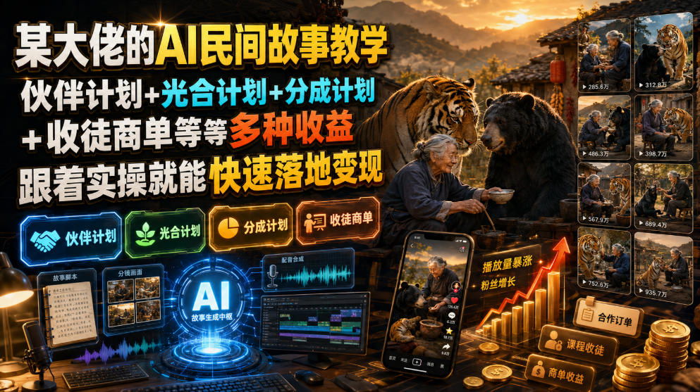 某大佬的AI民间故事教学，伙伴计划+光合计划+分成计划+收徒商单等多种收益，跟着实操就能快速落地变现-hcnxn