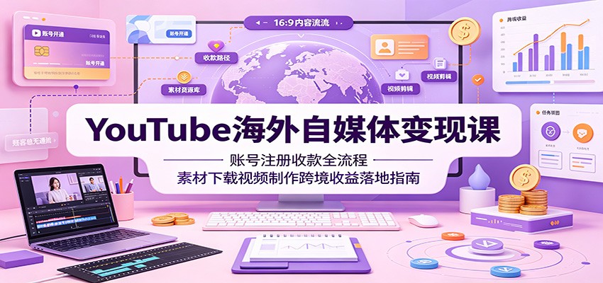 YouTube海外自媒体变现课：账号注册收款全流程，素材下载视频制作跨境收益落地指南-hcnxn
