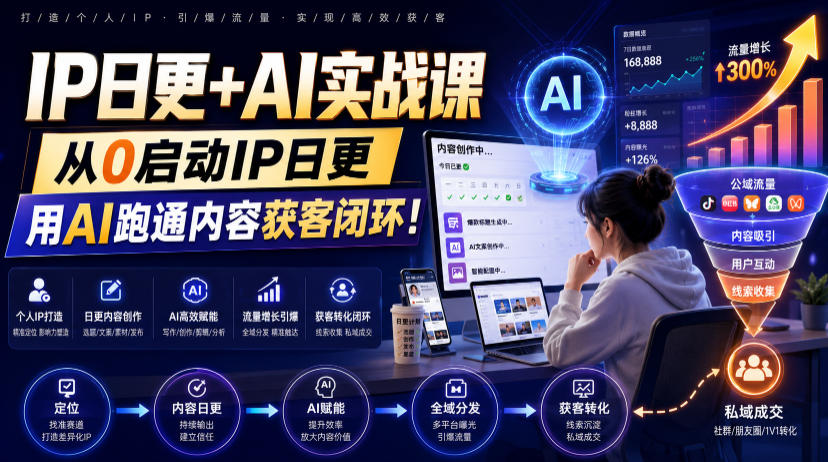 IP日更+AI实战课，从0启动IP日更，IP置顶视频制作+100条选题库搭建+10条日更规划，用AI跑通内容获客闭环!-hcnxn