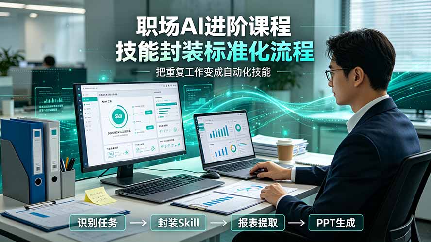 职场AI进阶课程；多类实用Skill工具实操，专属技能封装标准化流程，报表行业报告一键提取核心内容-hcnxn