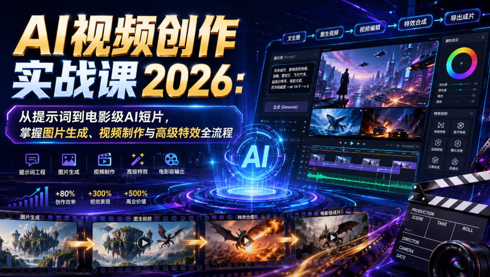 AI视频创作实战课2026：从提示词到电影级AI短片，掌握图片生成、视频制作与高级特效全流程-hcnxn